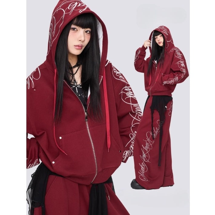 【上下別売り】Gothic Letter Embroidery Hooded Sweat Parka & Pants Set-up CB1001
