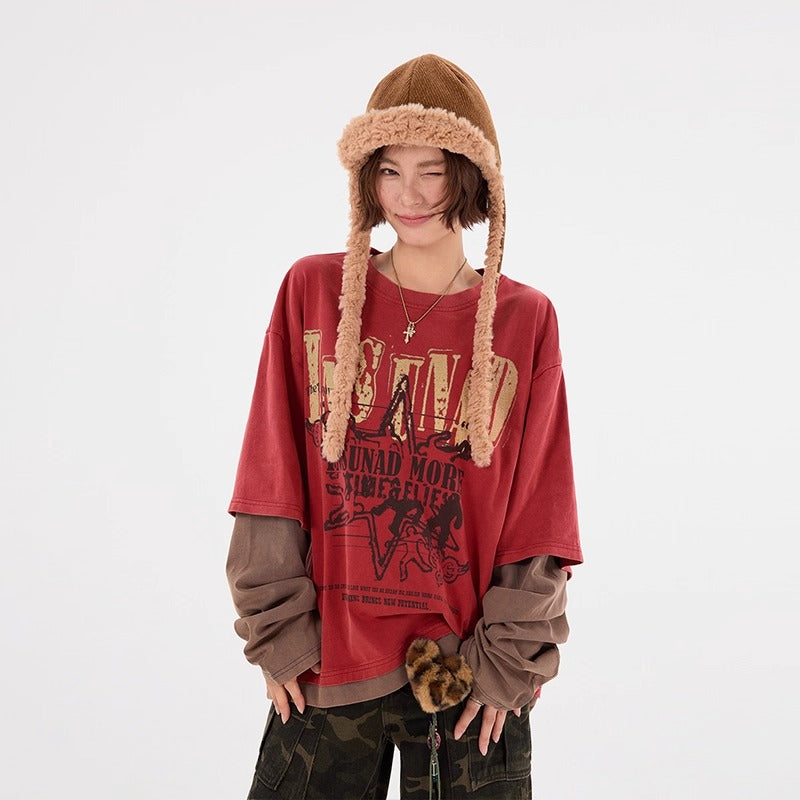 Graffiti Print Fake Layered Long-sleeved T-shirts MW10241