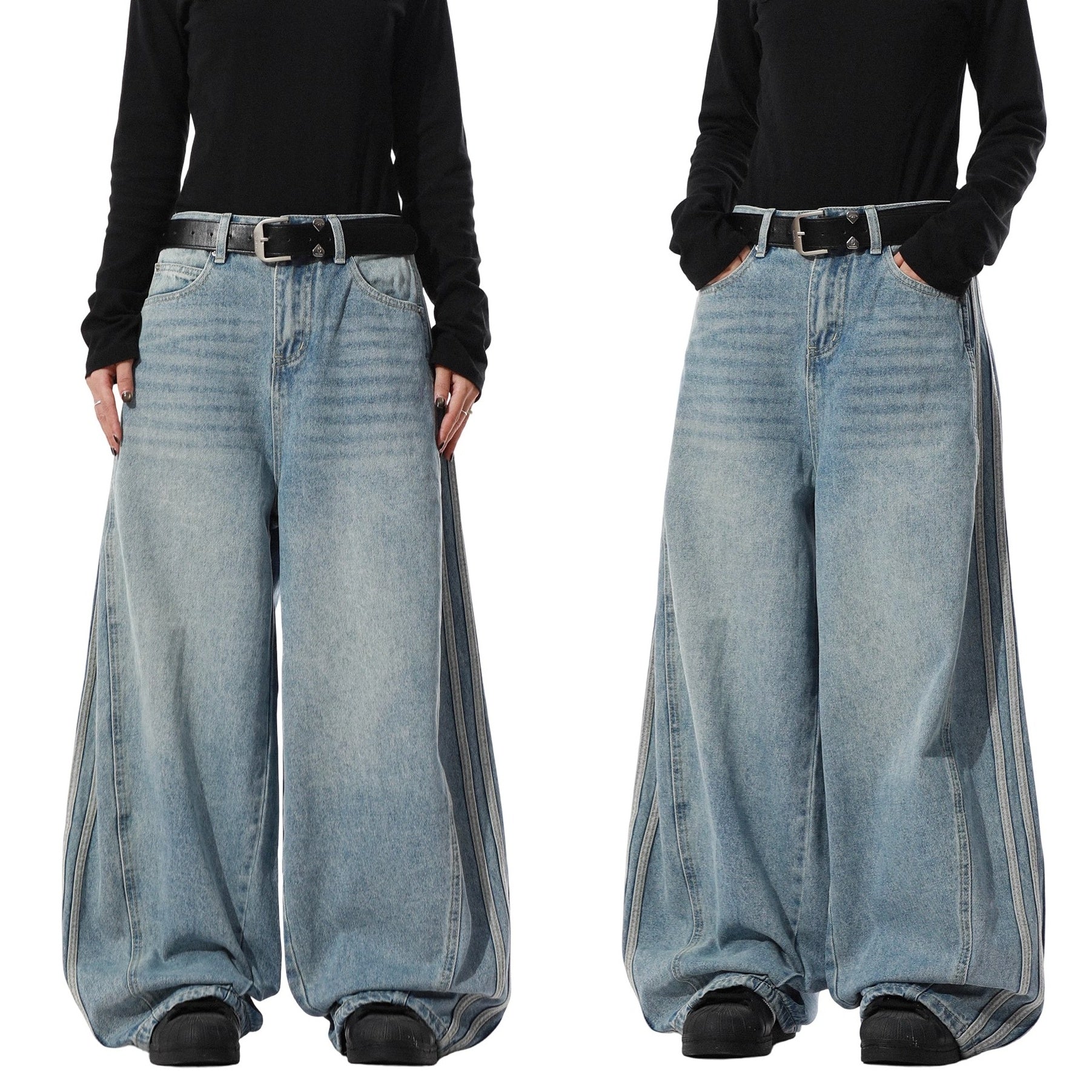 Three-Bar Washed Distressed Loose Jeans MR8028
