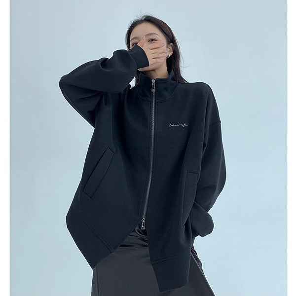 Double Zipper Stand Collar Loose Jacket OS2041