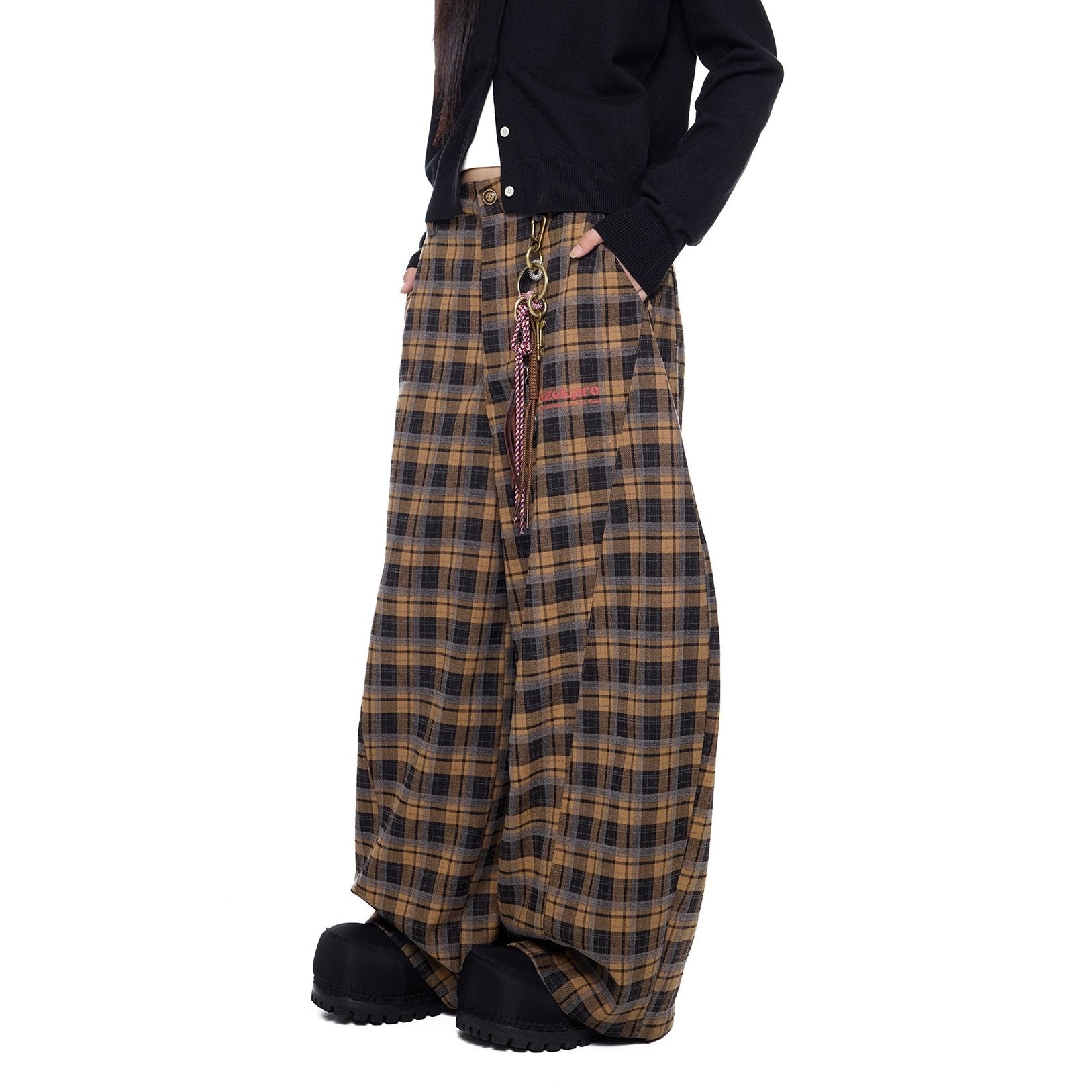 Retro Plaid Switching Wide Curve Pants EZ268