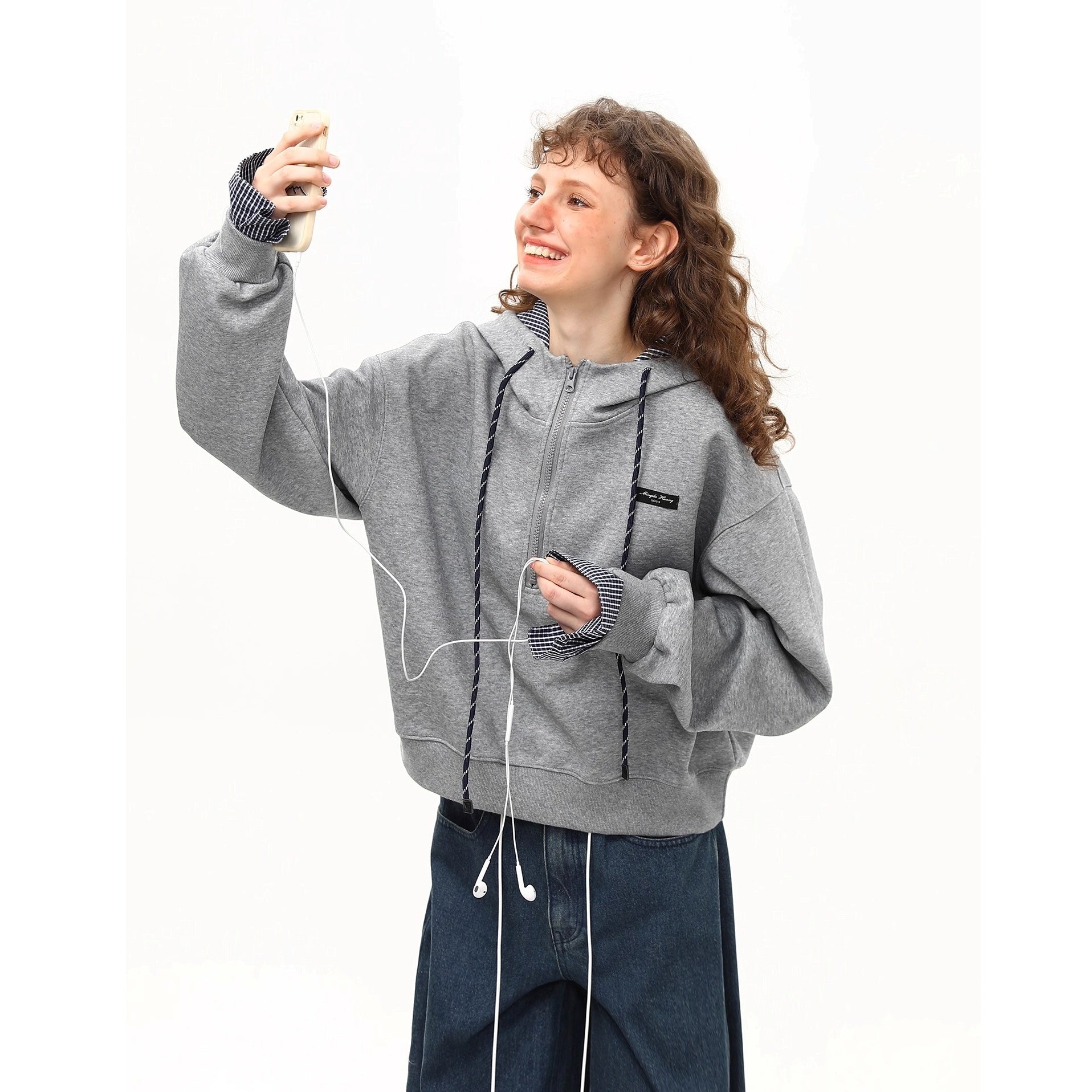 Plaid Spliced Half-zip Short Hoodie MW10263