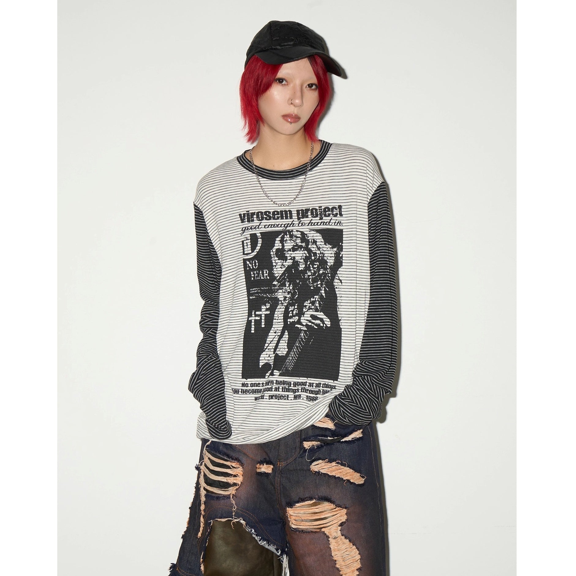 Character Print Patchwork Border Long Sleeve T-shirt MN9030