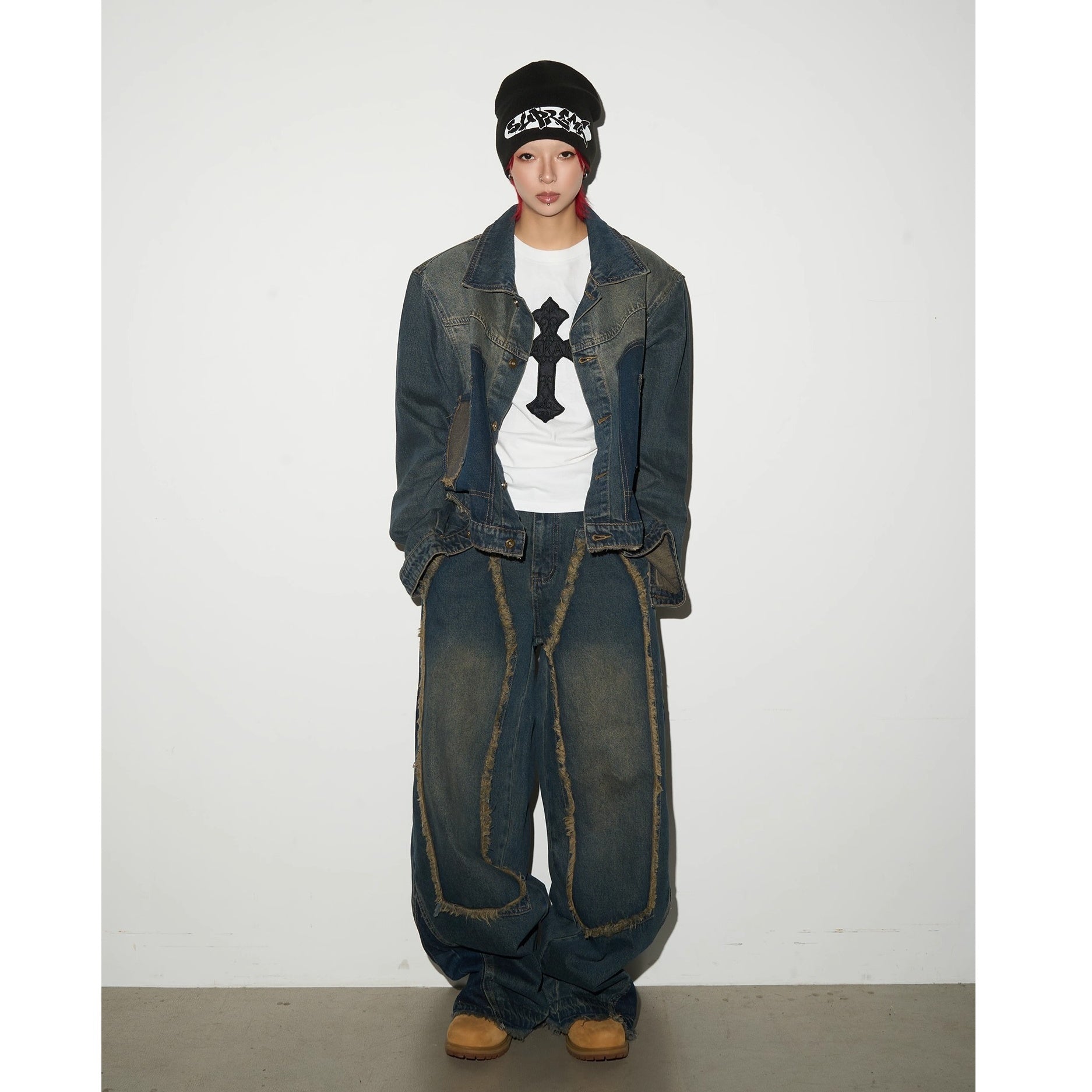 【上下別売り】Irregular Stitching Washed Denim Jacket & Jeans Set-up MN9037
