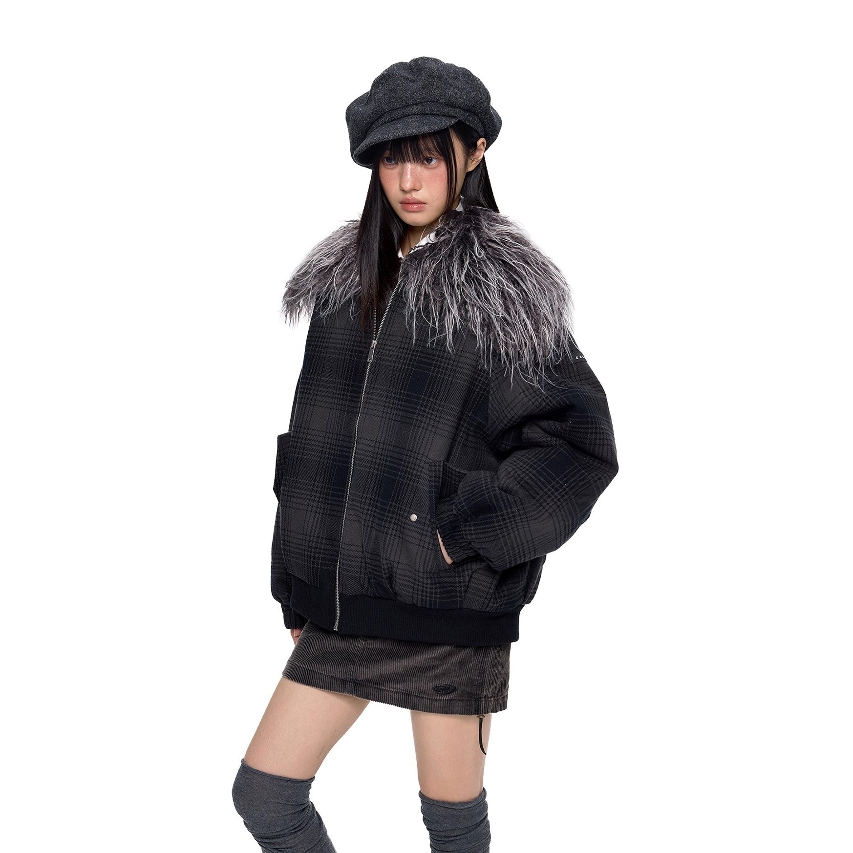 Fur Collar Shawl Plaid Jacket EZ249