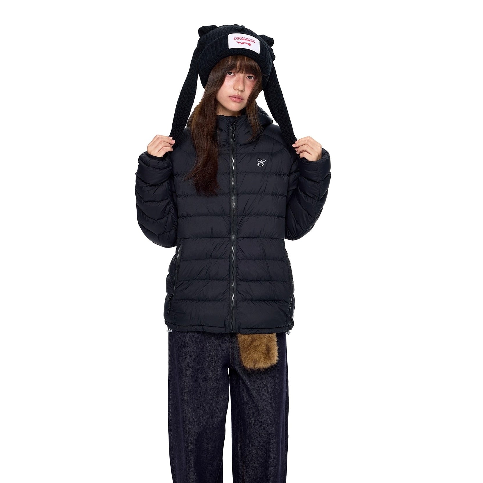 Rib Print Hooded Light Down Jacket EZ247