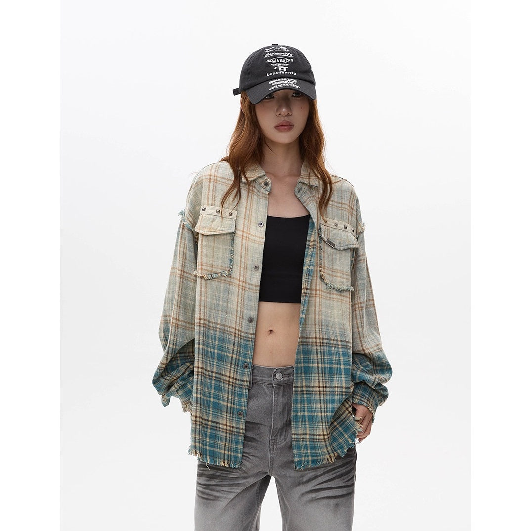 Washed Gradation Raw Plaid Shirt MW10323
