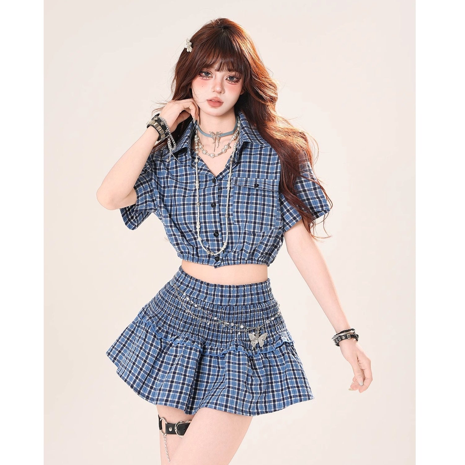 【上下別売り】Plaid Cropped Shirt & Short Skirt Set-up KK2067