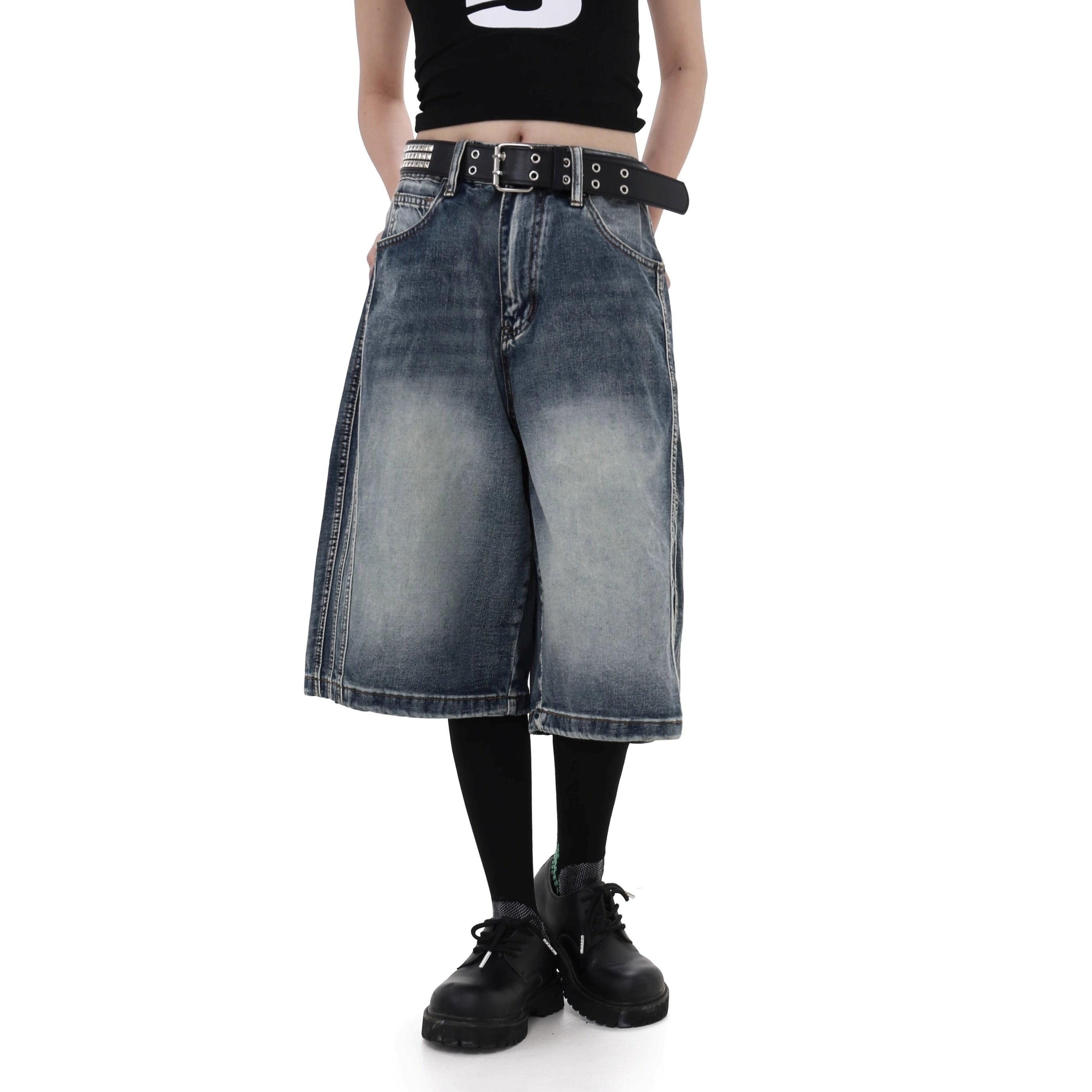 Washed Three-bar Stitch Denim Cropped Pants GB7035