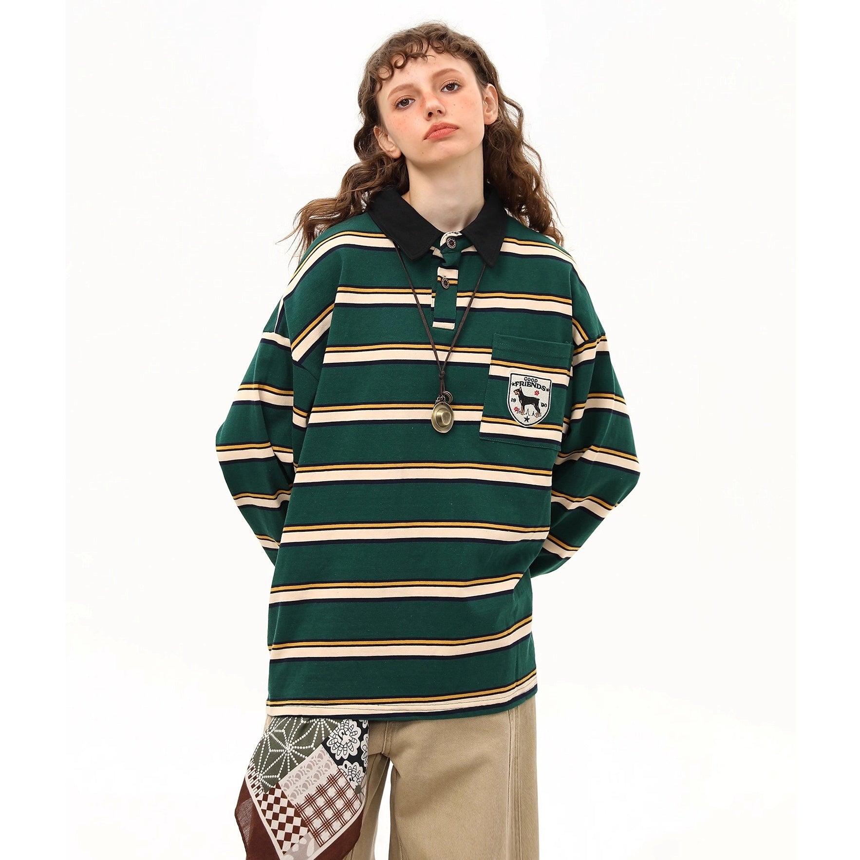 Preppy Style Border Long Sleeve Polo Shirt MW10251