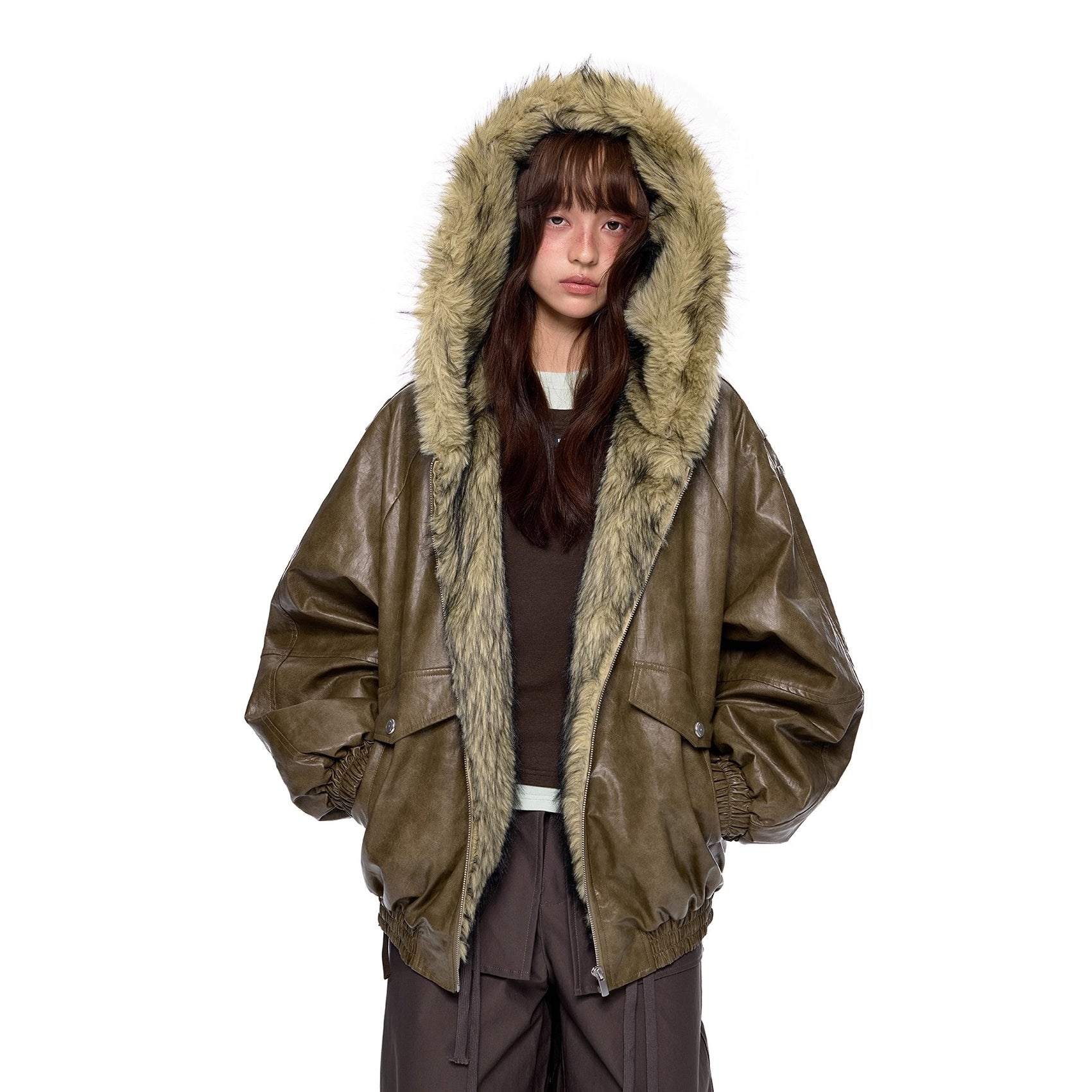 Fur Collar Hooded Padded PU Jacket EZ253