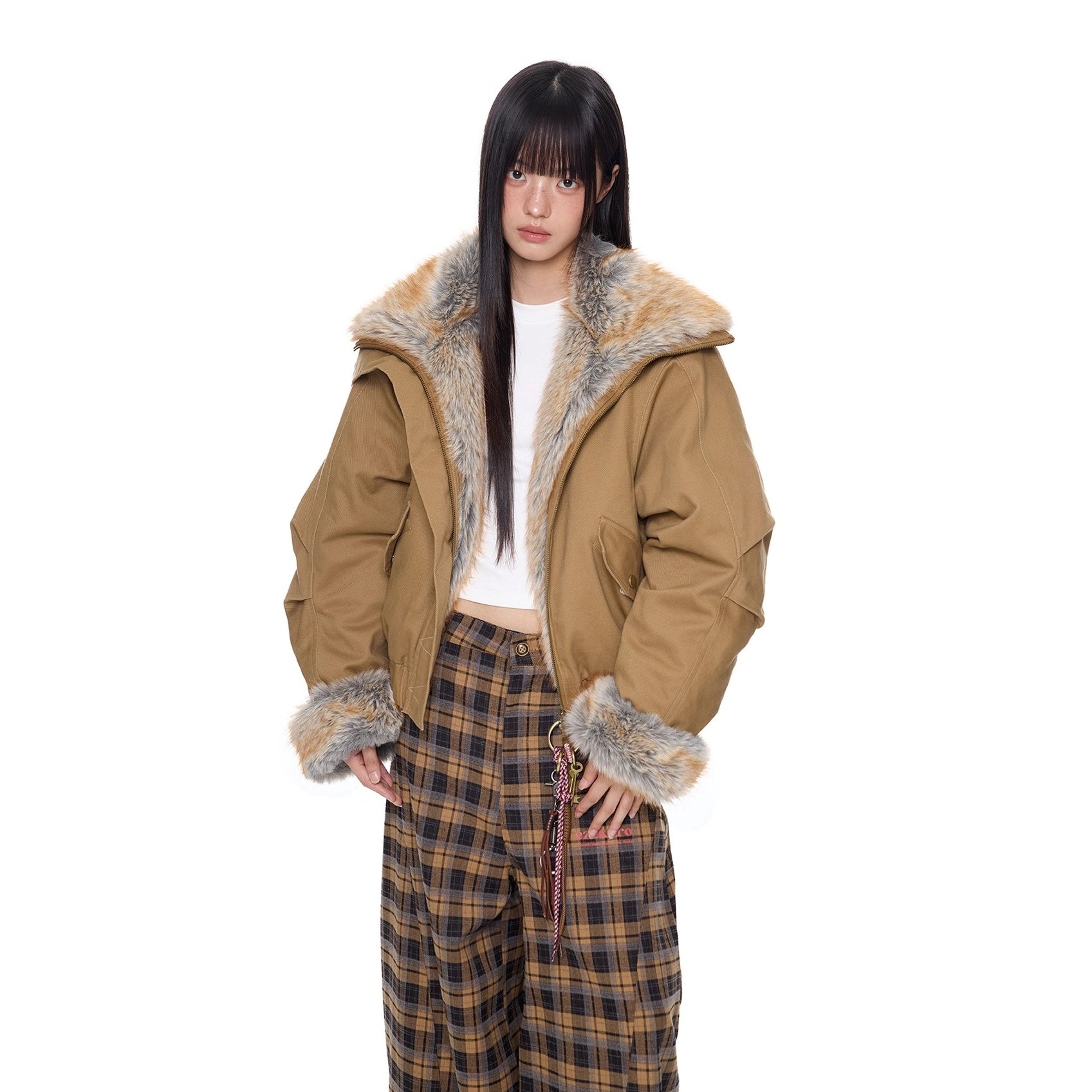 Large Fur Lapel Cropped Jacket EZ294