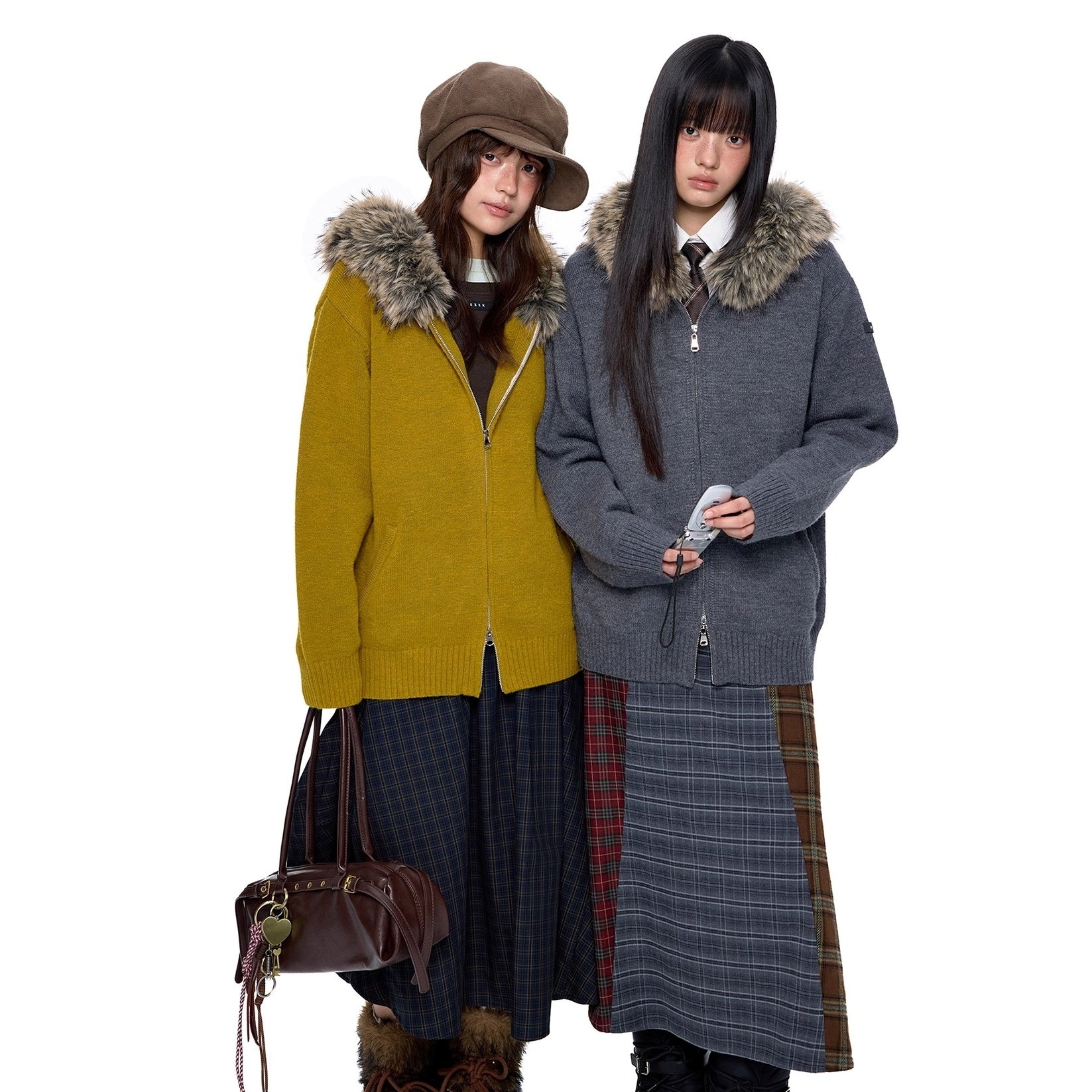 Fur Collar Hooded Knit Cardigan EZ256