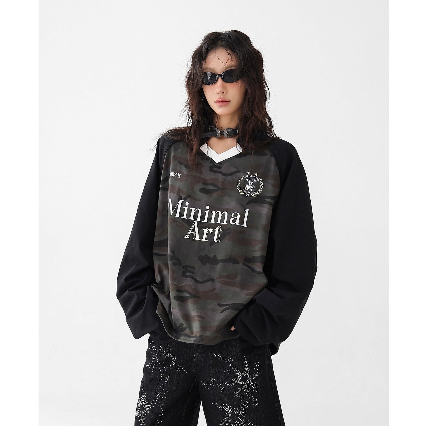 Camouflage Stitched V-Neck Long Sleeve T-Shirt AC7142