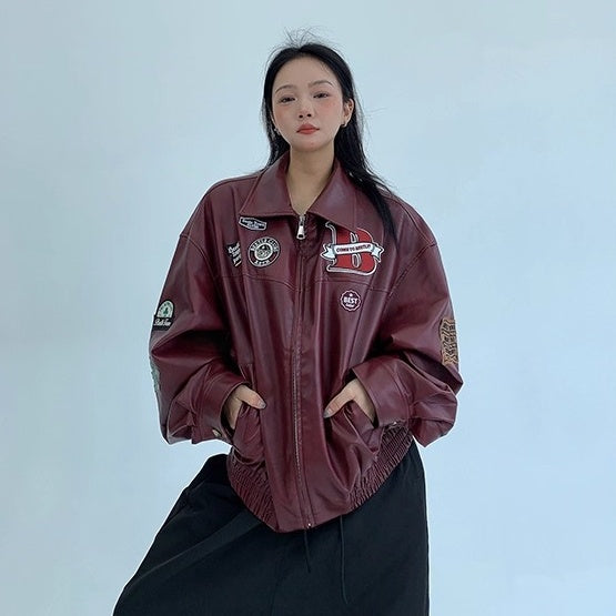 Vintage PU Leather Loose Embroidered Jacket OS2028