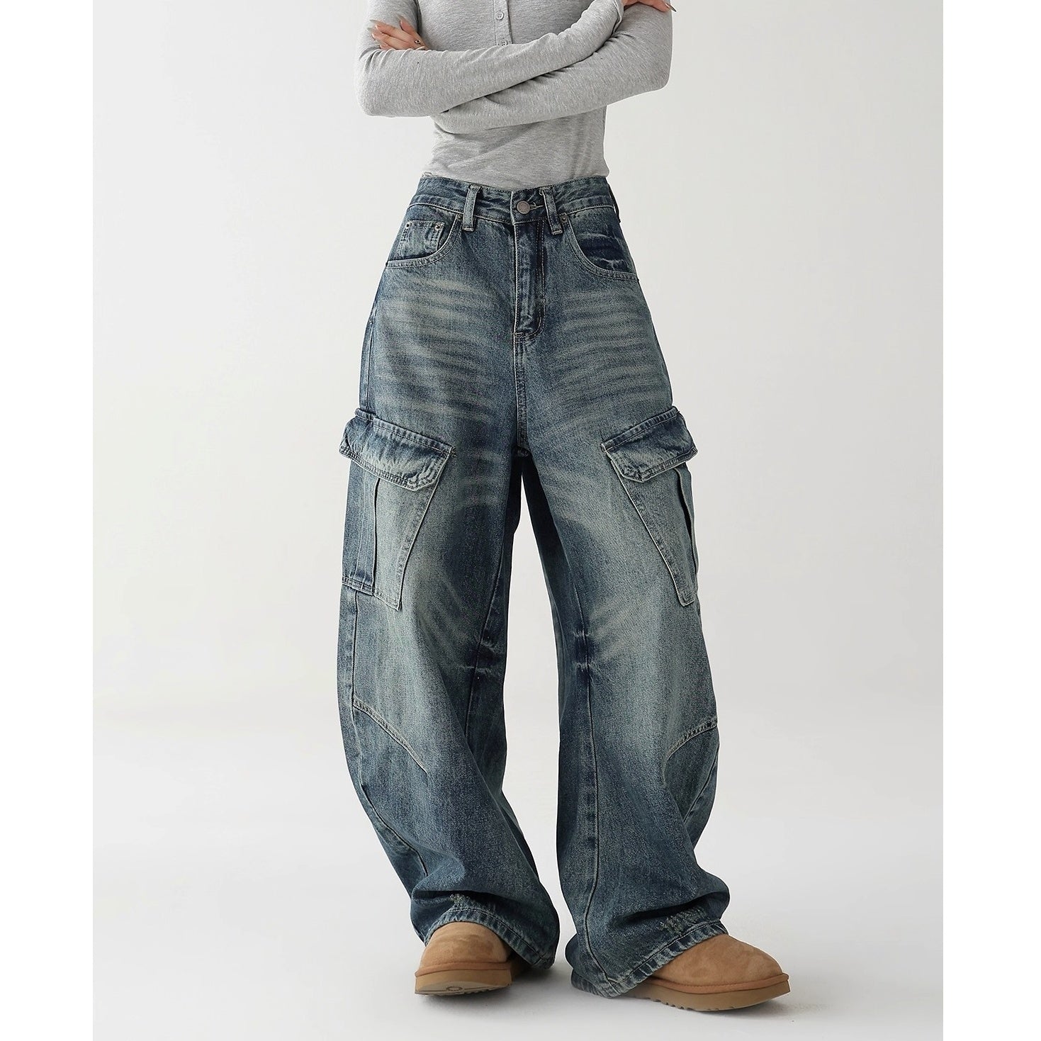 Washed Denim Cargo Curve Pants AC7149