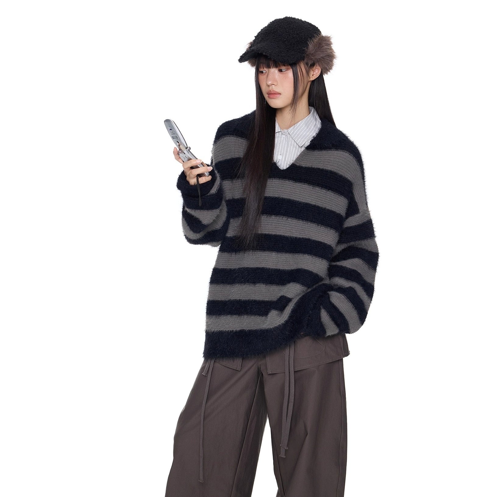 ボーダーラペルコントラストセーター EZ265