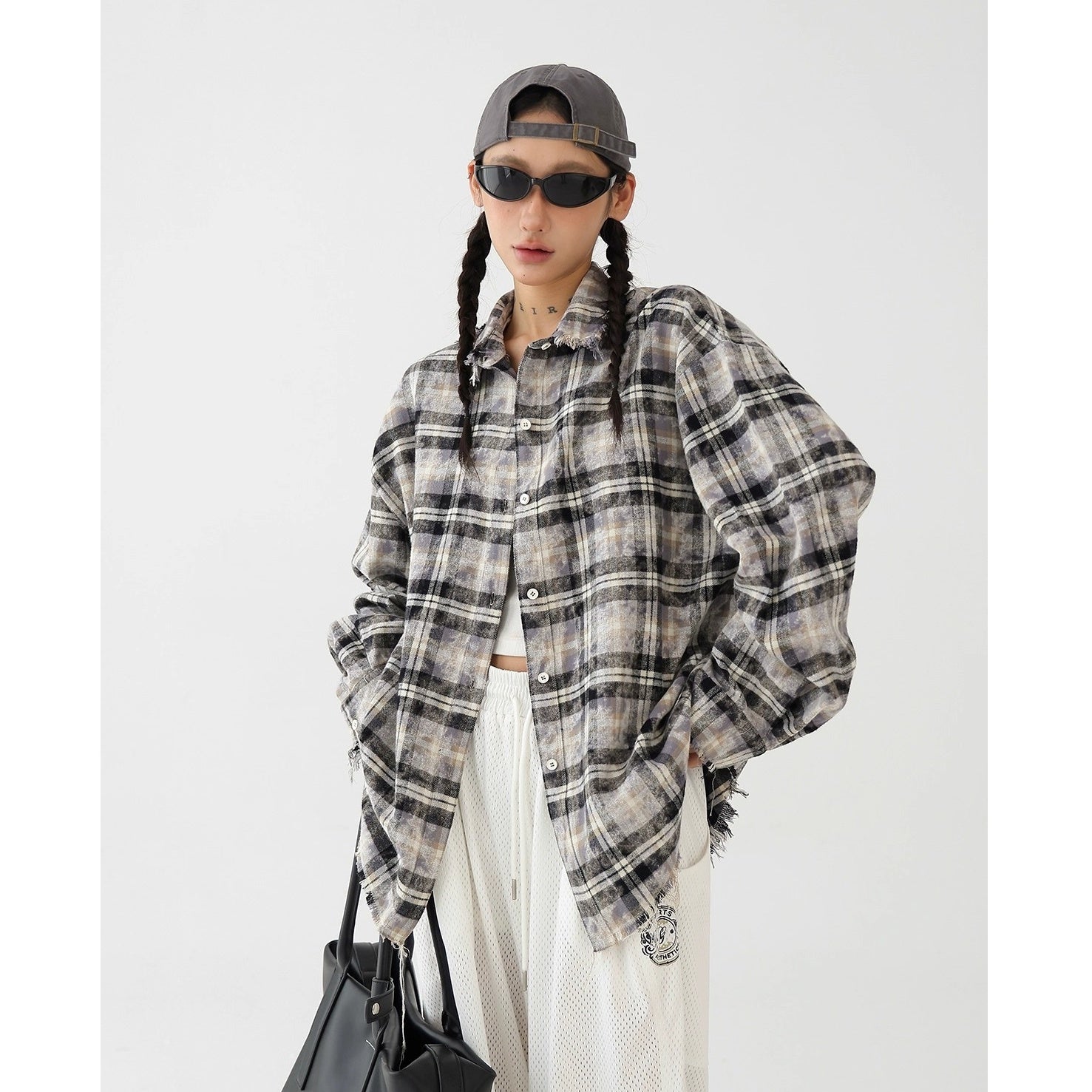 Plaid Frayed Brushed Loose Fringe Shirt AC7151