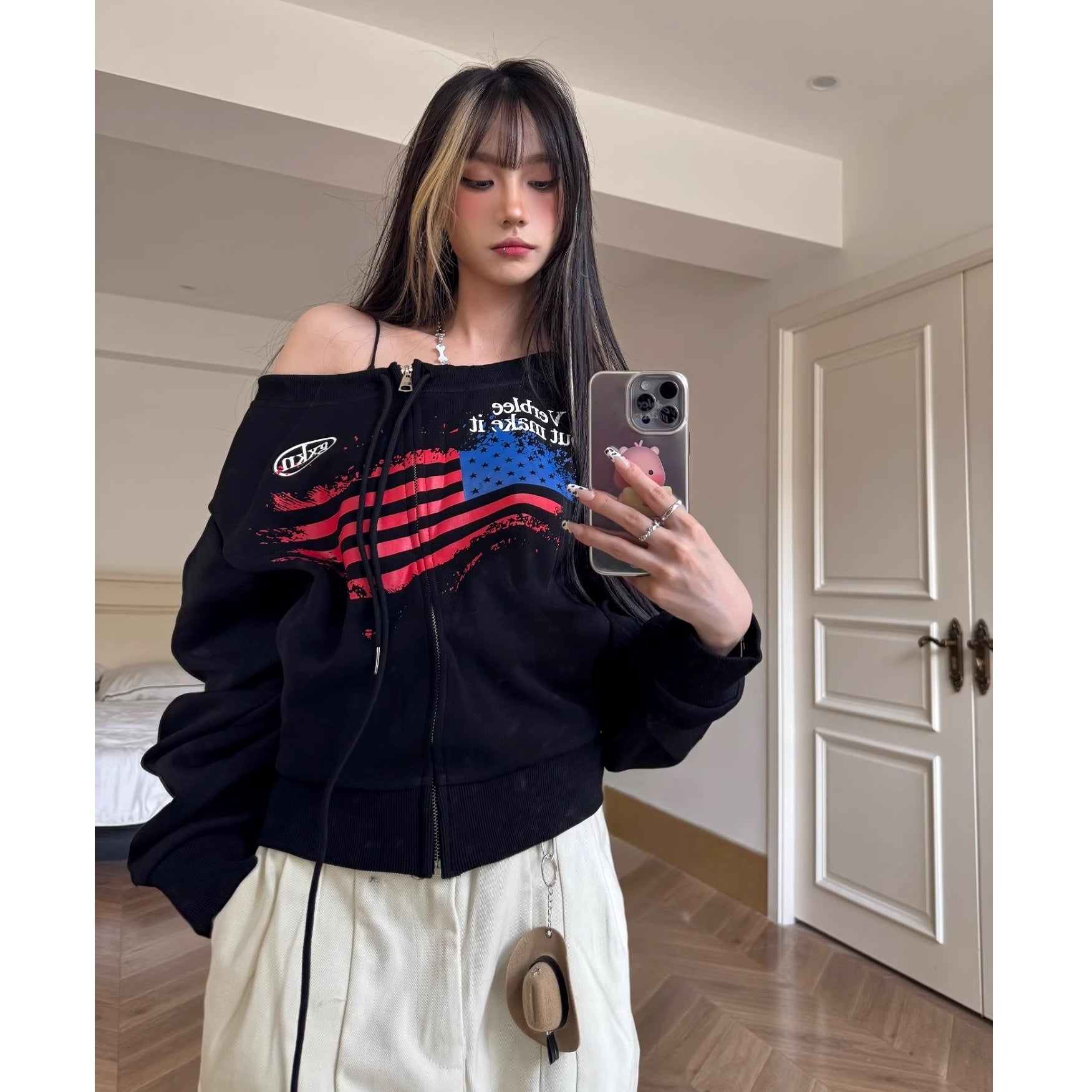 American Letter Print Zipper Sweat Cardigan MW10267