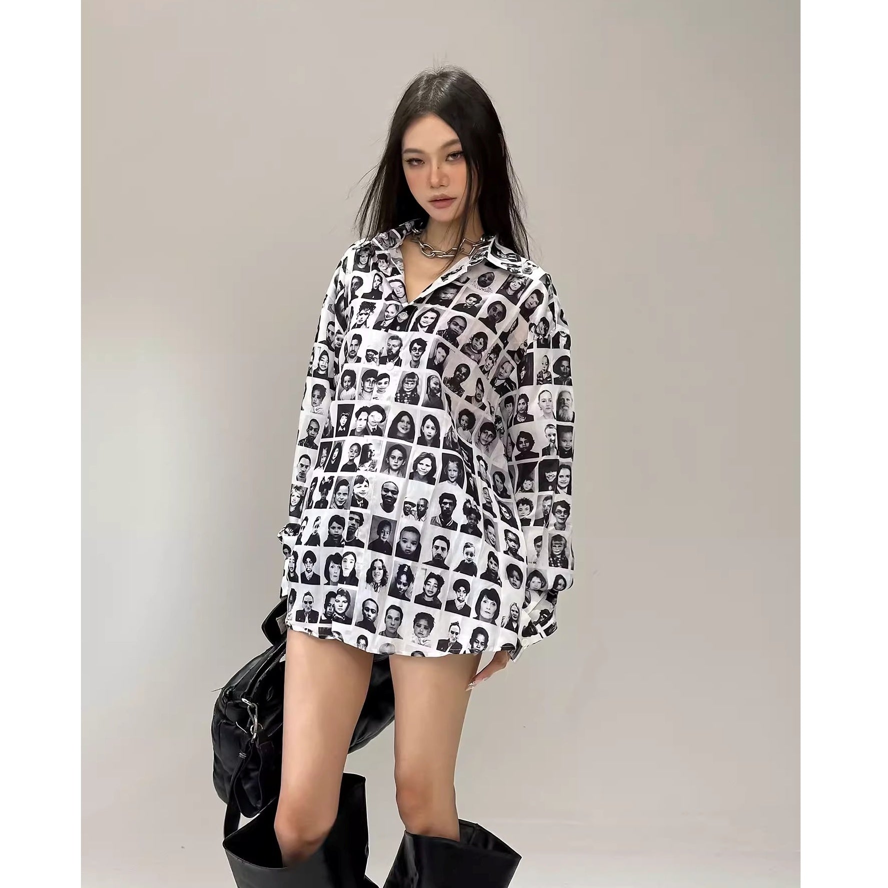 Full Of Printed Face Loose Long-sleeved Shirt CC1003
