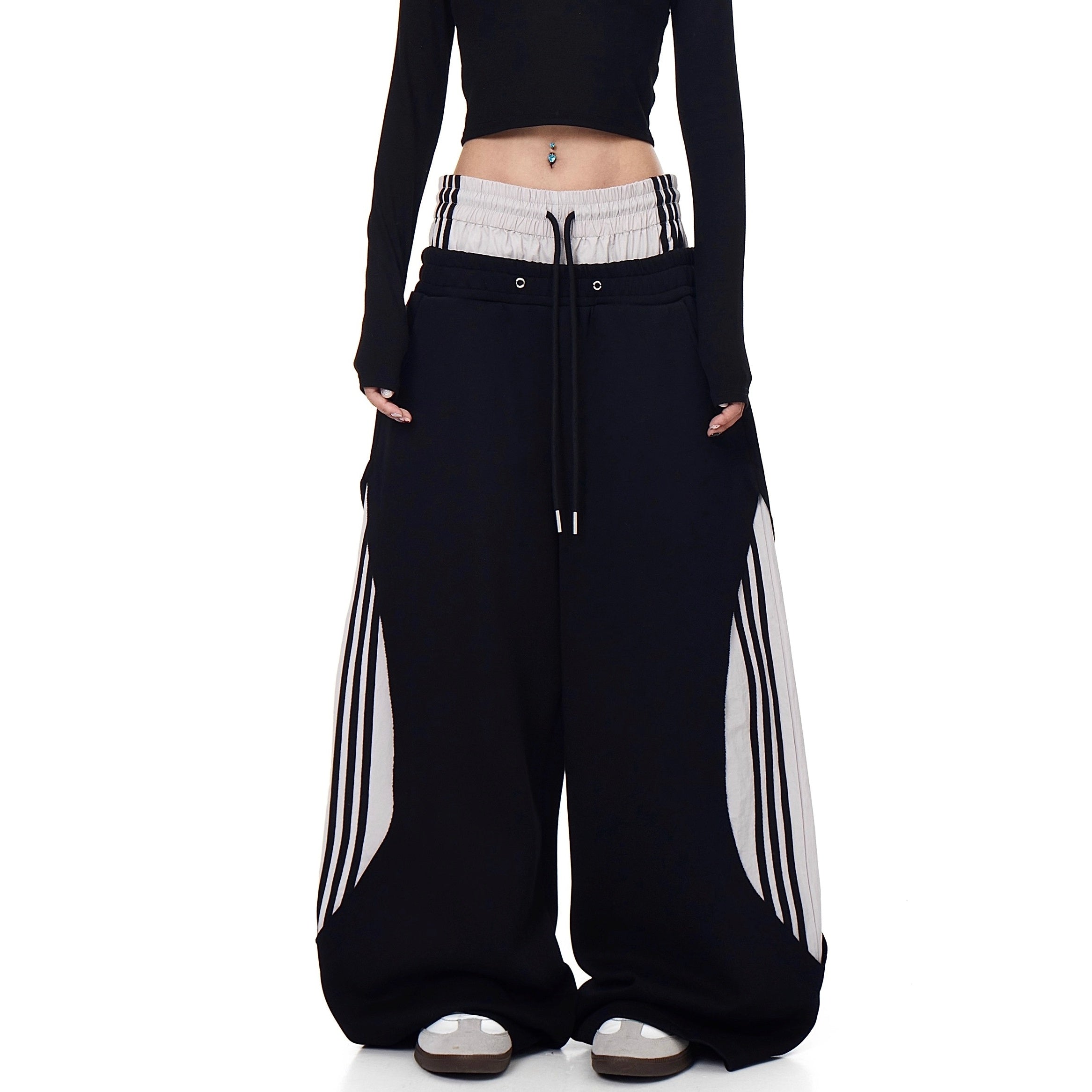 Double-Waist Striped Splicing Scimitar Sweat Pants BK7050