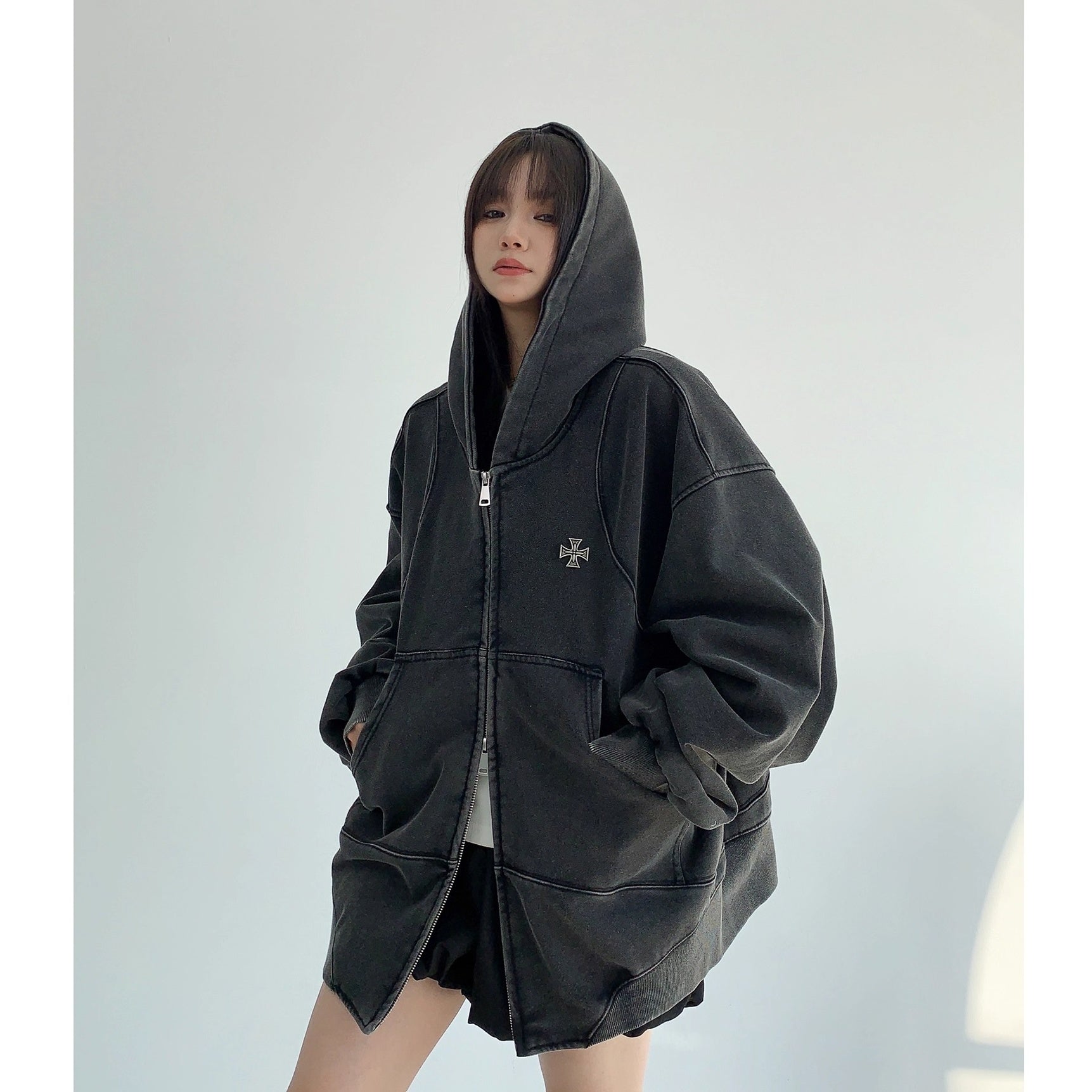 Wash Vintage Cross Badge Loose Hooded Jacket MW10281