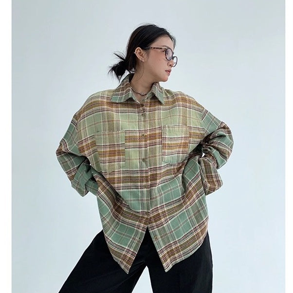 Distressed Gradient Plaid Long-sleeved Shirt OS2022