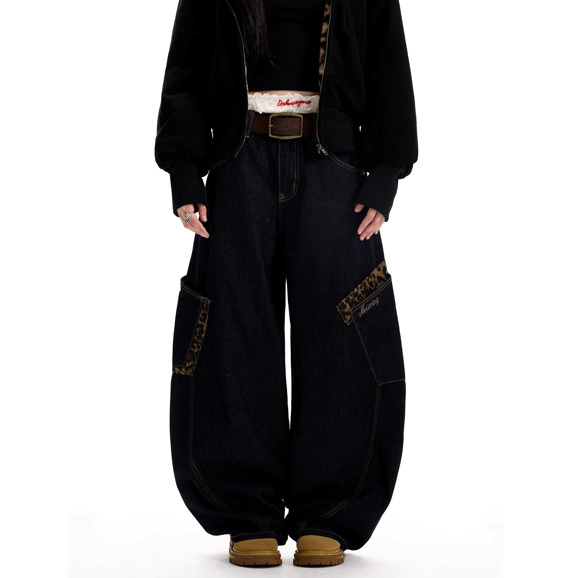 Leopard Print Stitching Large Pocket Design Curve Jeans MW10300