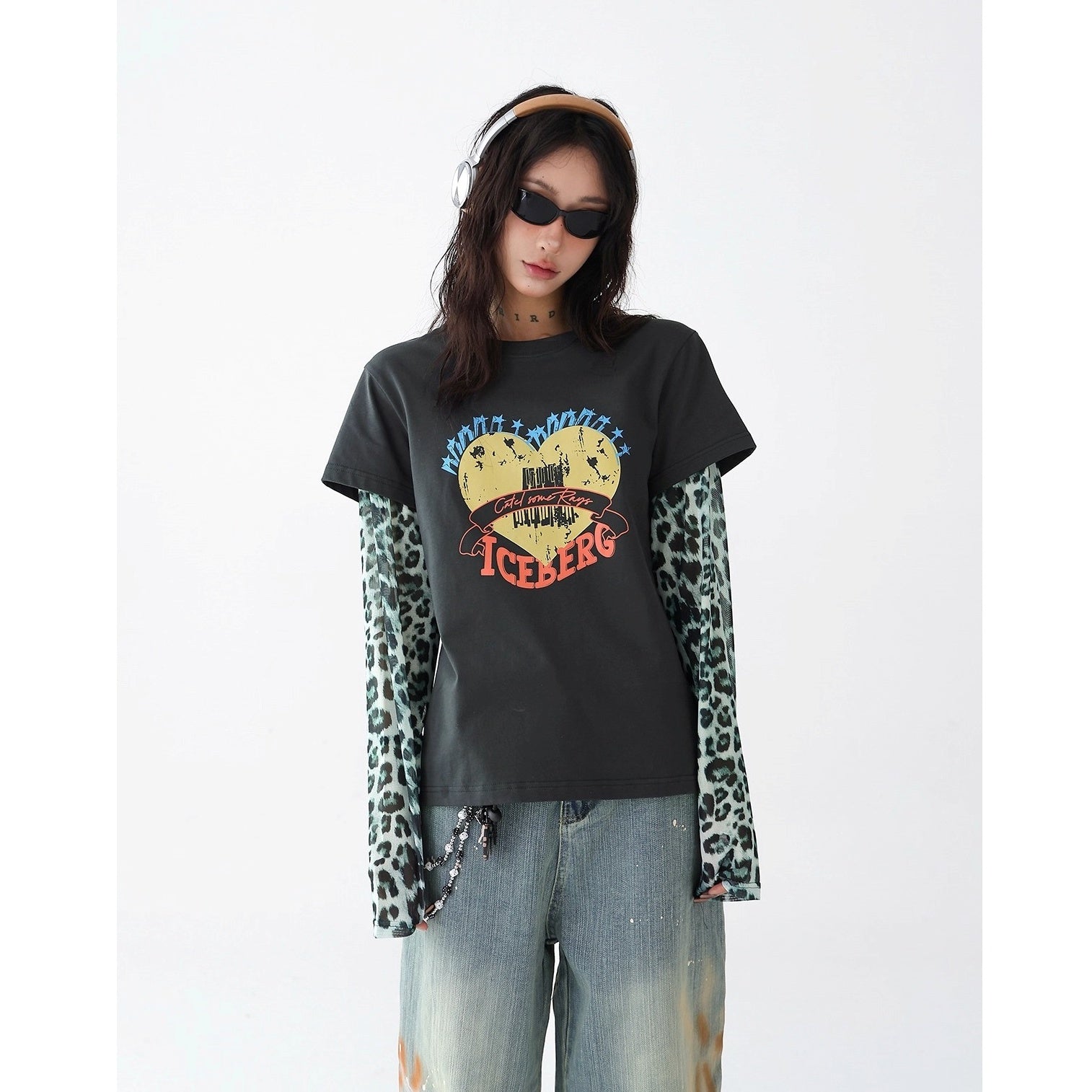 Leopard Print Stitched Fake Layered Long Sleeve T-Shirt AC7140