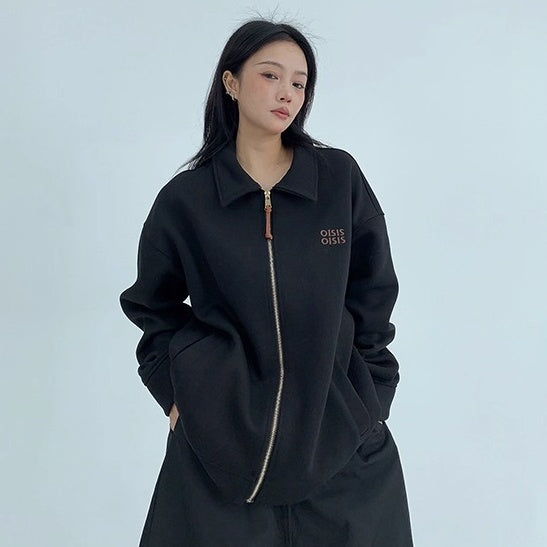 Drop Shoulder Embroidered Lapel Sweat Jacket OS2040