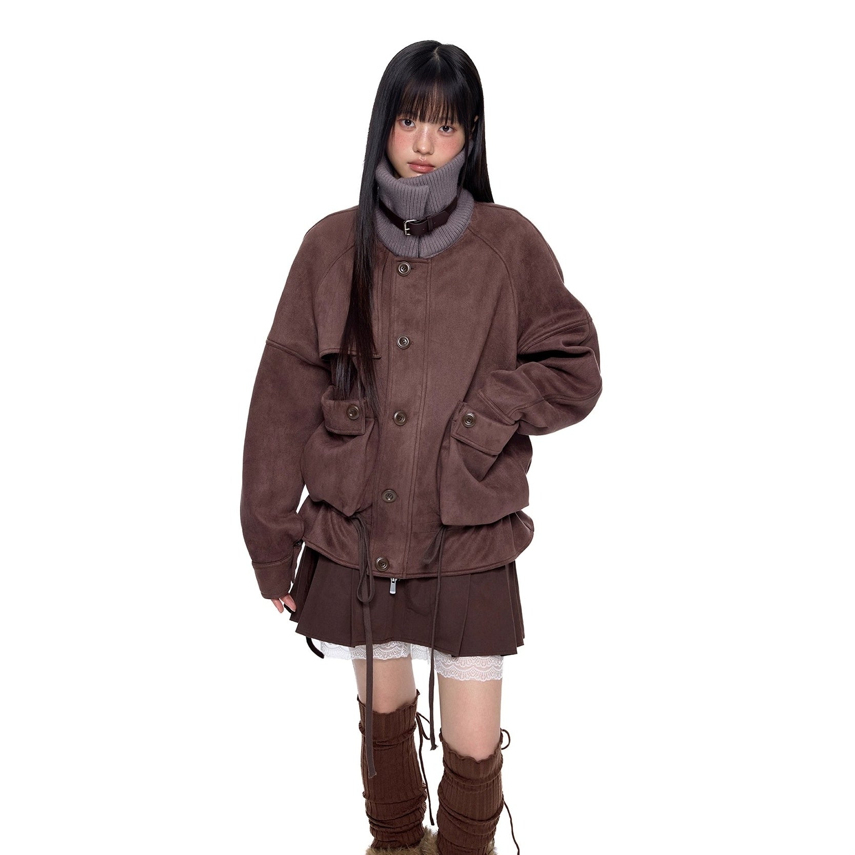 Knitted High Neck Drawstring Faux Suede Jacket EZ252