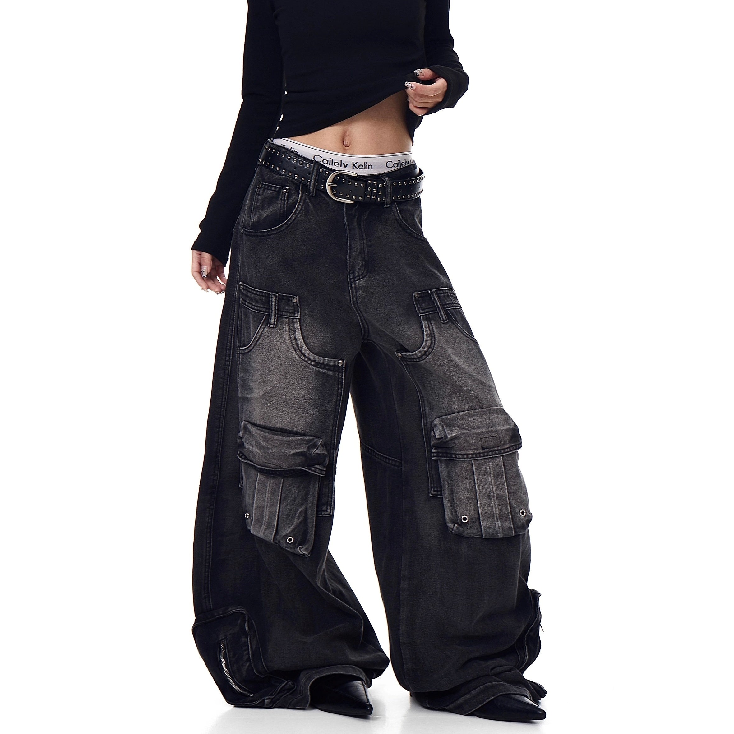 Deconstructed Multi-Pocket Damage Wide Jeans BK7004