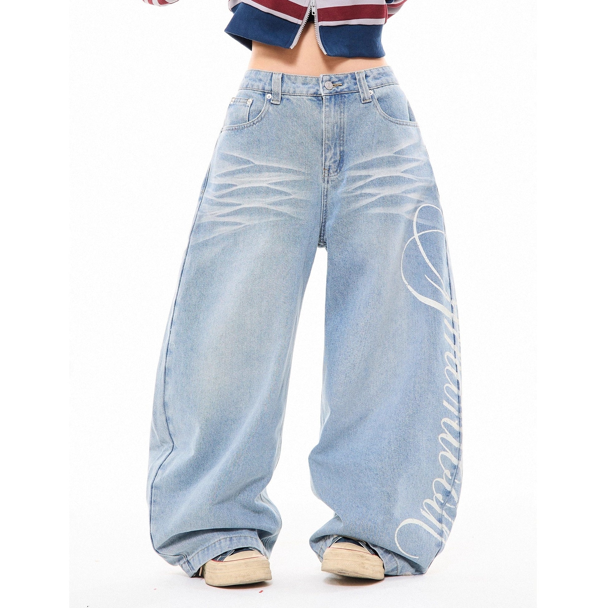 Side Print Washed Cat Whiskers Curve Jeans MW10259