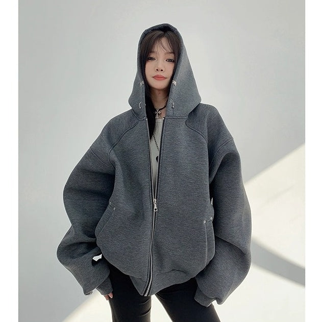Switching Design Loose Zip Hooded Jacket OS2031