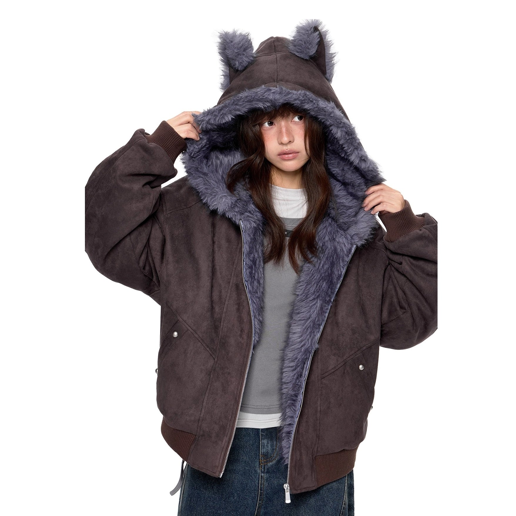 Cat Ear Fluffy Imitation Suede Hooded Jacket EZ250