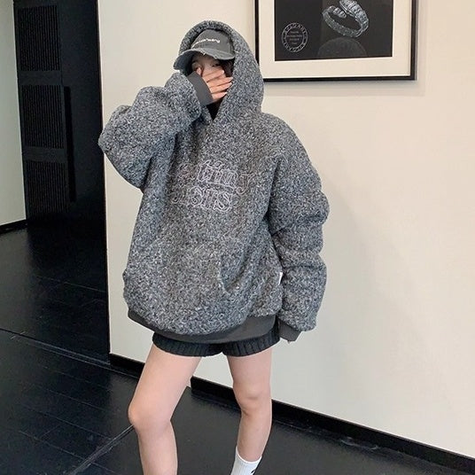 Letter Stitch Oversized Boa Hoodie OS2061