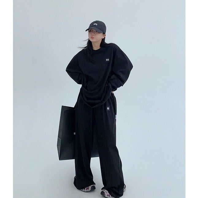 【上下別売り】Tag Design Long-sleeved T-shirt & Loose Casual Pants Set-up OS2033