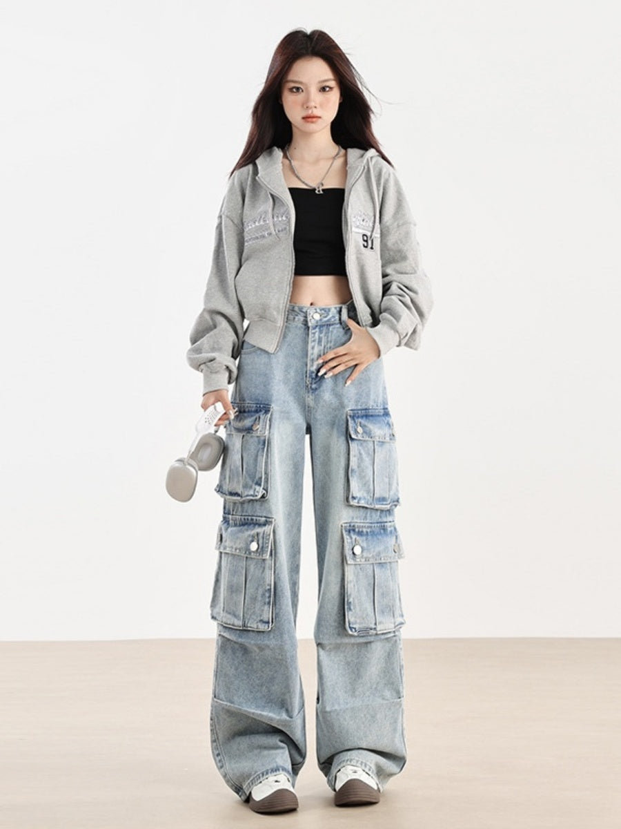 High-waisted Loose Washed Cargo Jeans MW10164