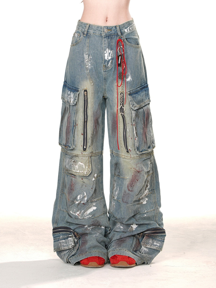 Paint Wide-Leg Zipper Cargo Jeans KK2055