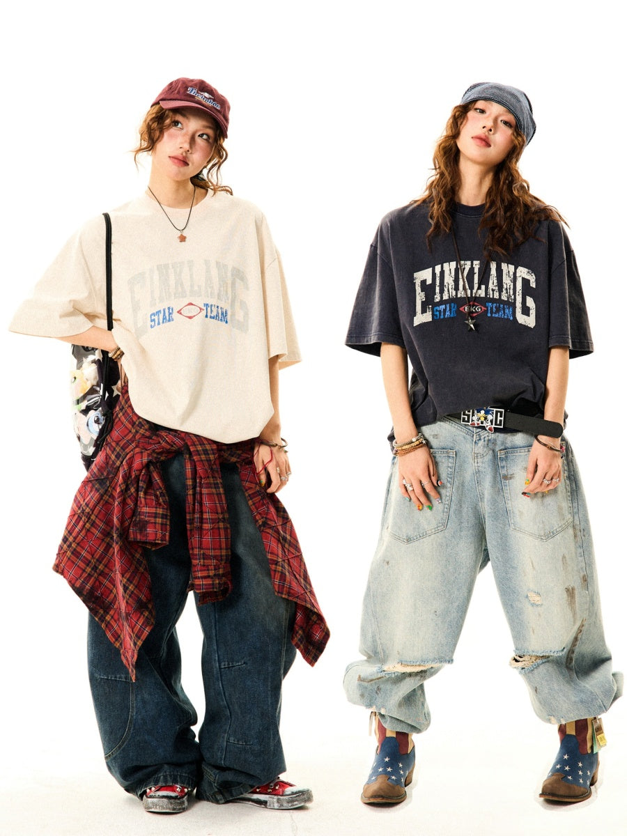 Vintage Style Washed Letter Print T-Shirt YS019