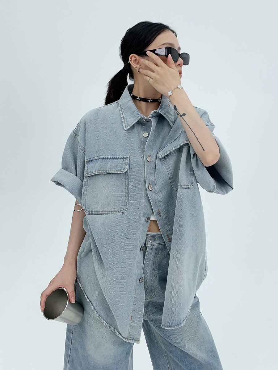 Distressed Denim Short-sleeved Work Shirt MW9164