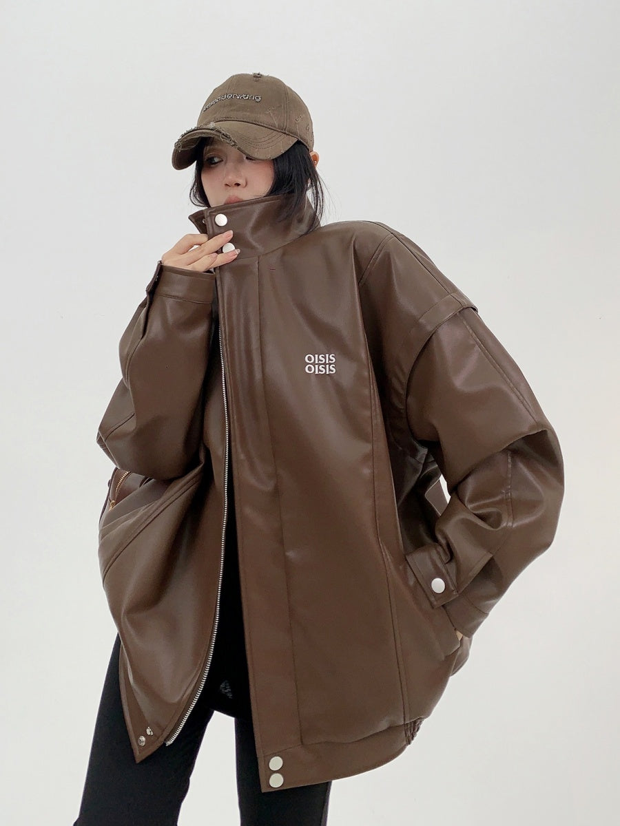 PU Leather Stand Collar Oversize Jacket MW9840