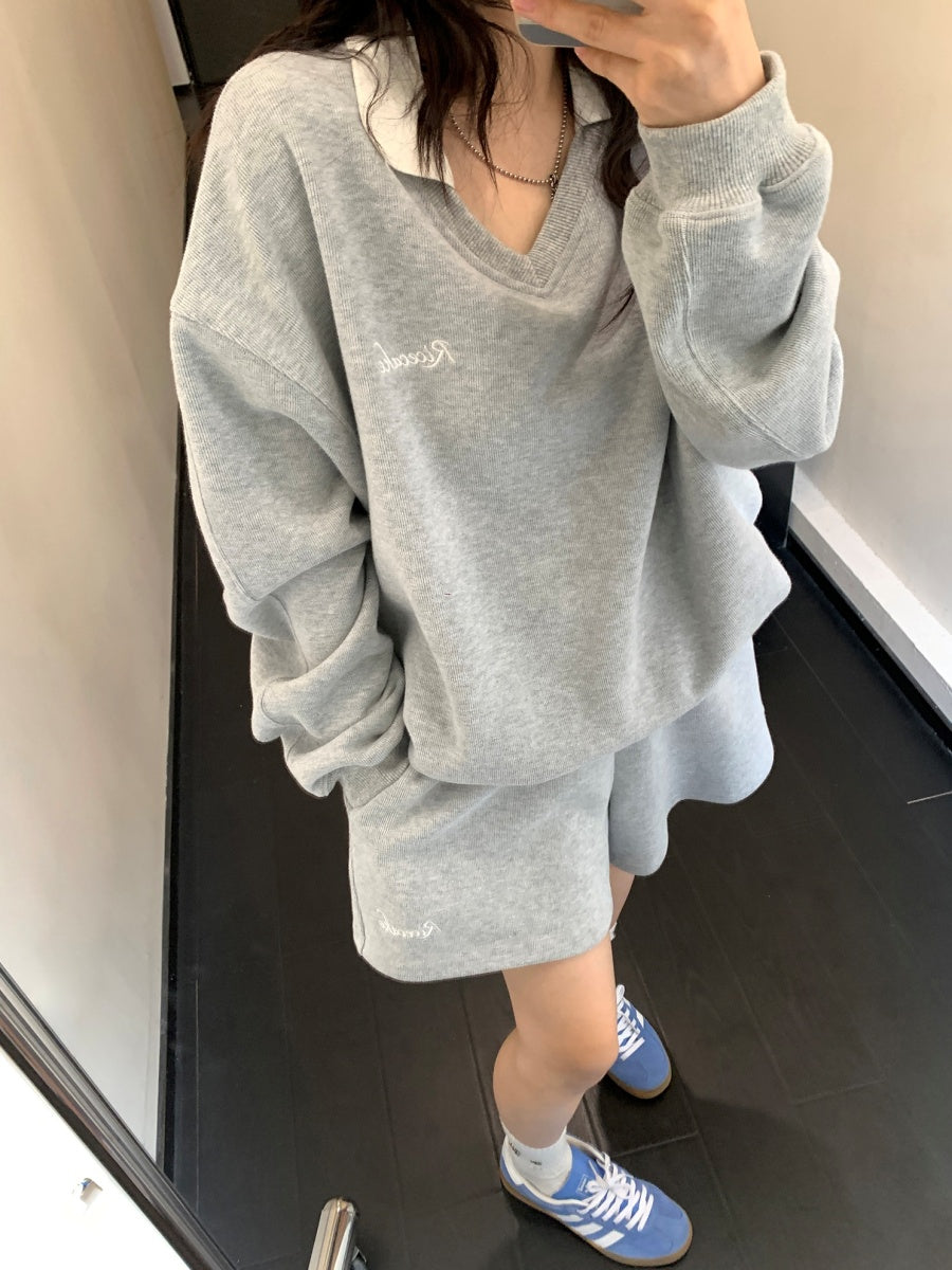 Casual Embroidery V-neck Sweat & Shorts Set-up MW9463