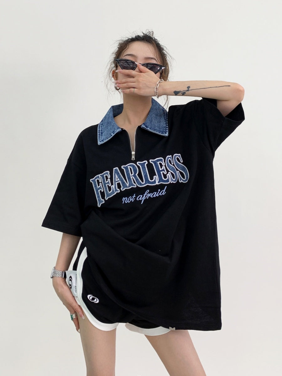 Loose Embroidery Denim Polo Collar T-shirt MW9048