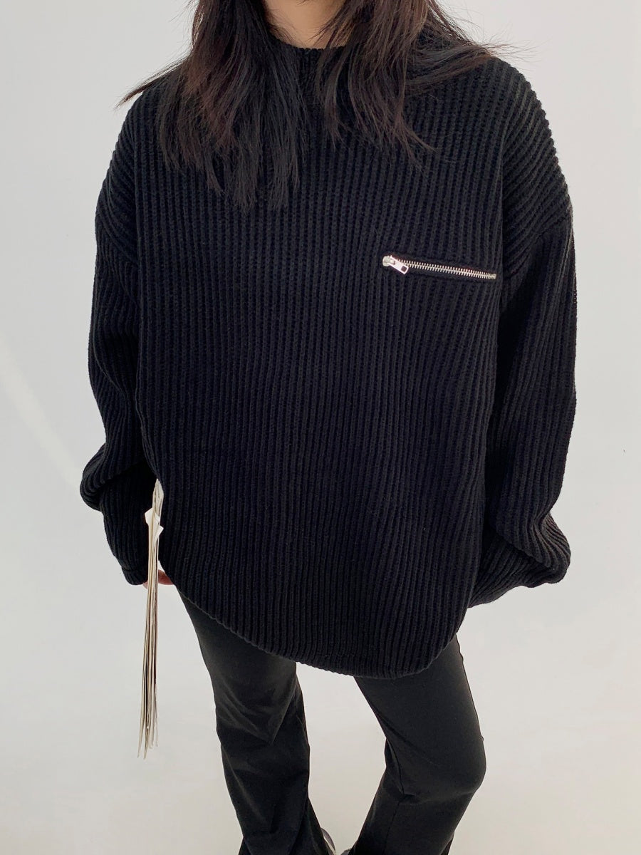 Zipper Design Loose Crewneck Sweater MW9779