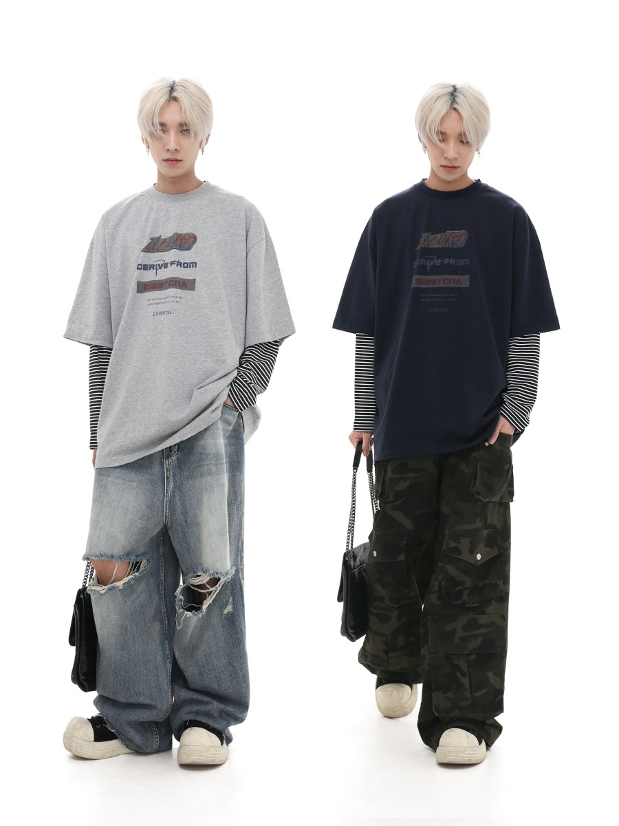 Retro Distressed Print Loose T-Shirt GB7018