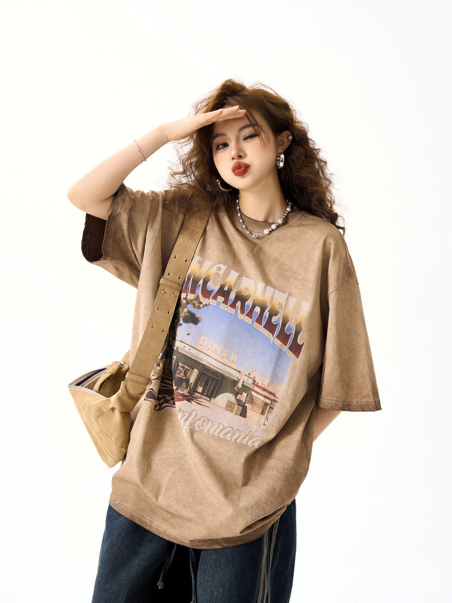 DINER Print Distressed Washed T-Shirt HG7146