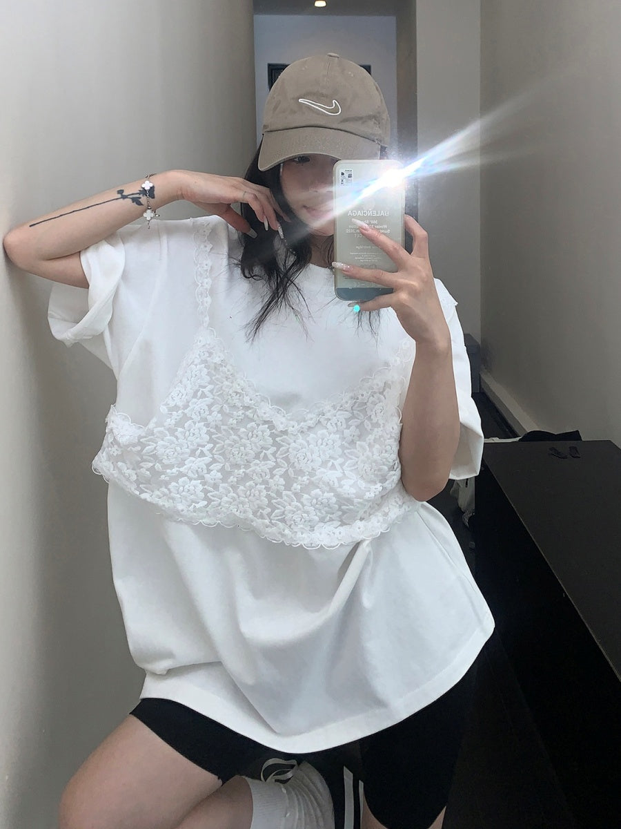 Lace Camisole Stitch Fake Layered T-shirt MW10073