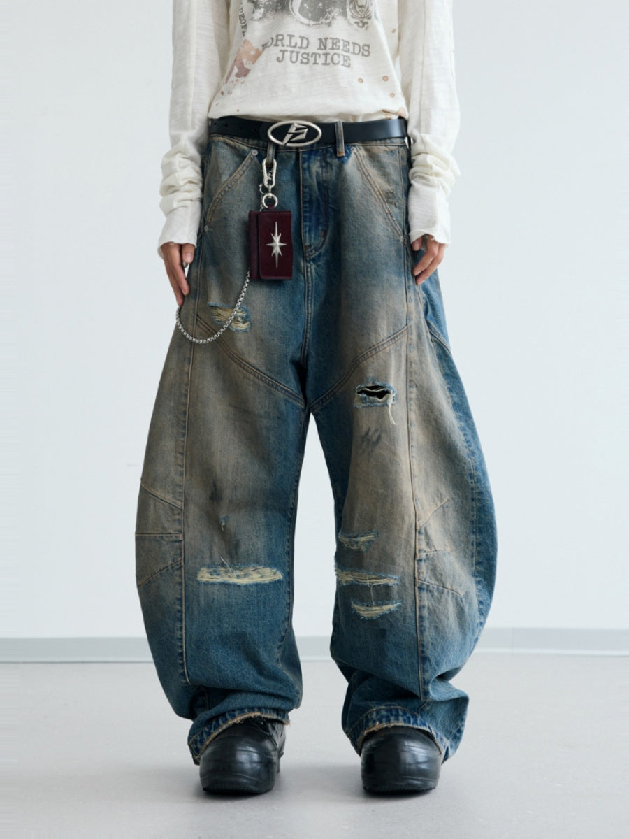 Yellow Mud Dyed Ripped Baggy Cutter Jeans PS7021