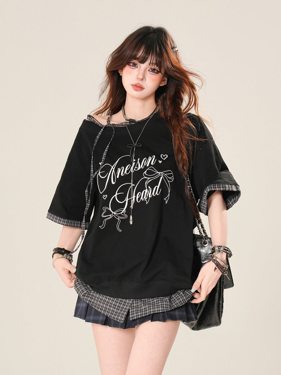 Check-Panelled Loose Neck T-shirt KK2059